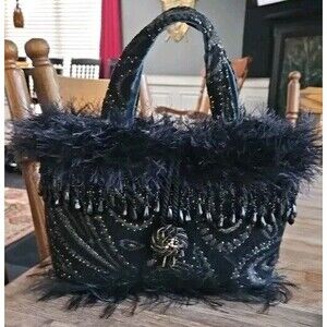 Wicked Black & Gold Paisley Original 12x9x5 Beaded Ostrich Feather Evening Bag